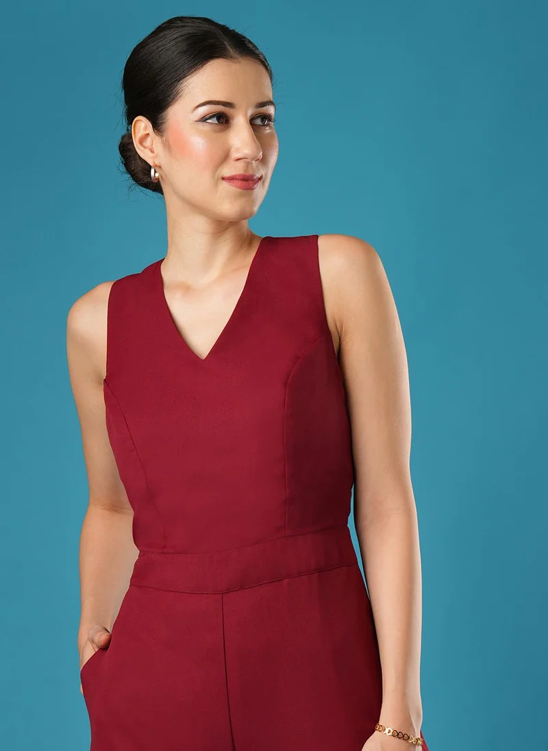 globus Maroon Globus Women V-Neck Basic Jumpsuit for Women | Best Price UAE